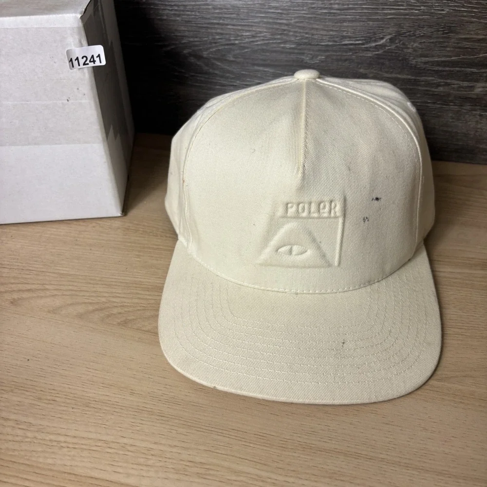 Poler Hat Cap Snap Back White Camp Vibes Embroidered Canvas Mens Faded Stains